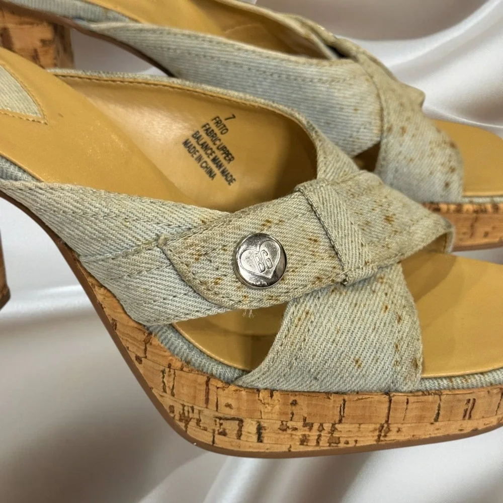 Y2K BG Denim Cork Heel Platform Square Toe Mules Size 7 Chunky‎